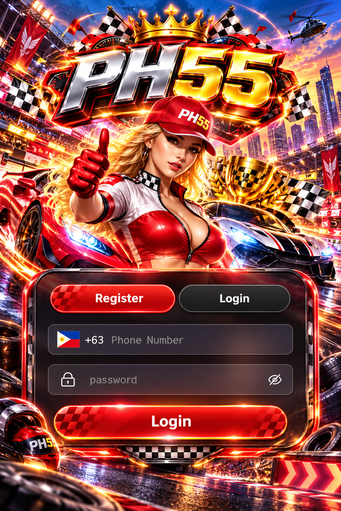 PH55 login with a high-speed racing theme featuring supercars, checkered flags, trophy, and neon track lights