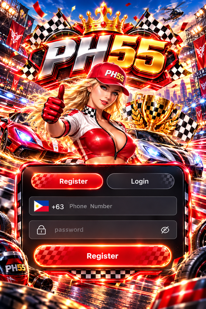 PH55 registration with a high-speed racing theme featuring supercars, checkered flags, trophy, racer, and neon track lights